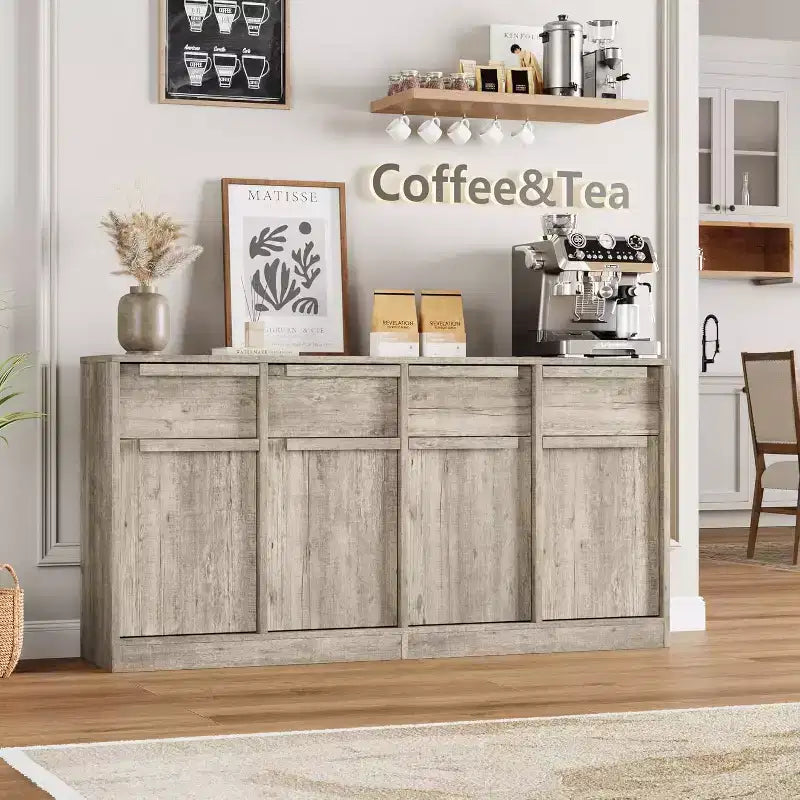 Buffet enfilade 62,4 po, grand meuble de rangement avec 4 portes et 4 tiroirs, meuble de rangement moderne à étagères réglables, bar à café en bois