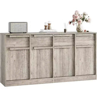 Buffet enfilade 62,4 po, grand meuble de rangement avec 4 portes et 4 tiroirs, meuble de rangement moderne à étagères réglables, bar à café en bois