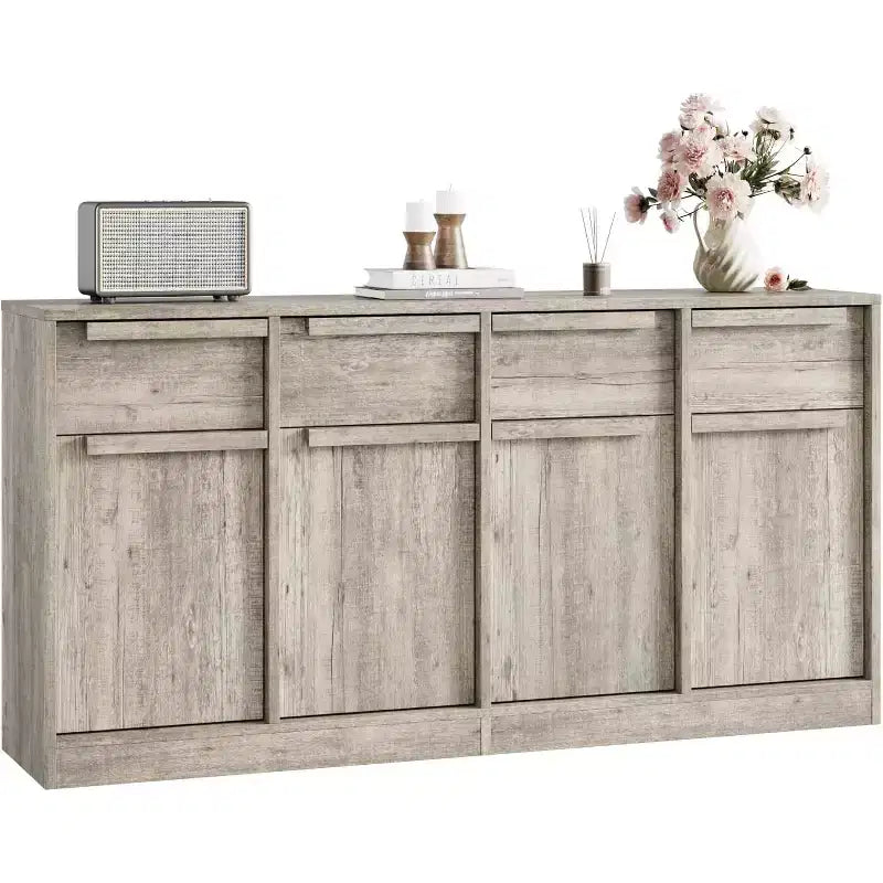 Buffet enfilade 62,4 po, grand meuble de rangement avec 4 portes et 4 tiroirs, meuble de rangement moderne à étagères réglables, bar à café en bois