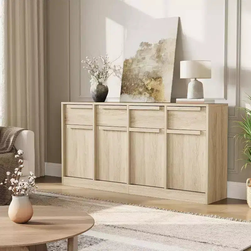Buffet enfilade 62,4 po, grand meuble de rangement avec 4 portes et 4 tiroirs, meuble de rangement moderne à étagères réglables, bar à café en bois