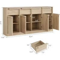 Buffet enfilade 62,4 po, grand meuble de rangement avec 4 portes et 4 tiroirs, meuble de rangement moderne à étagères réglables, bar à café en bois