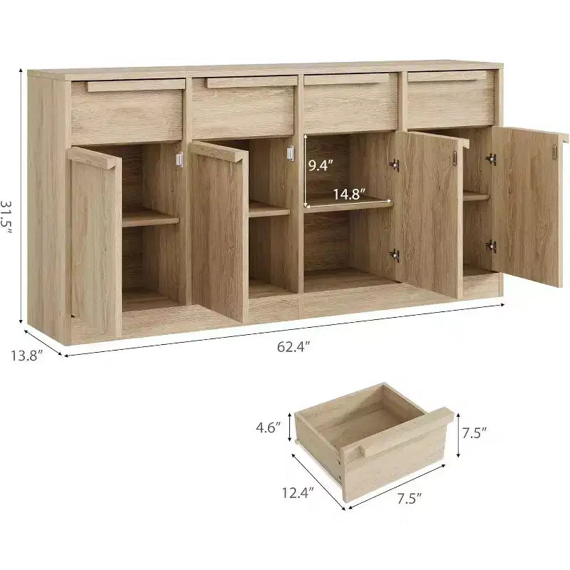 Buffet enfilade 62,4 po, grand meuble de rangement avec 4 portes et 4 tiroirs, meuble de rangement moderne à étagères réglables, bar à café en bois