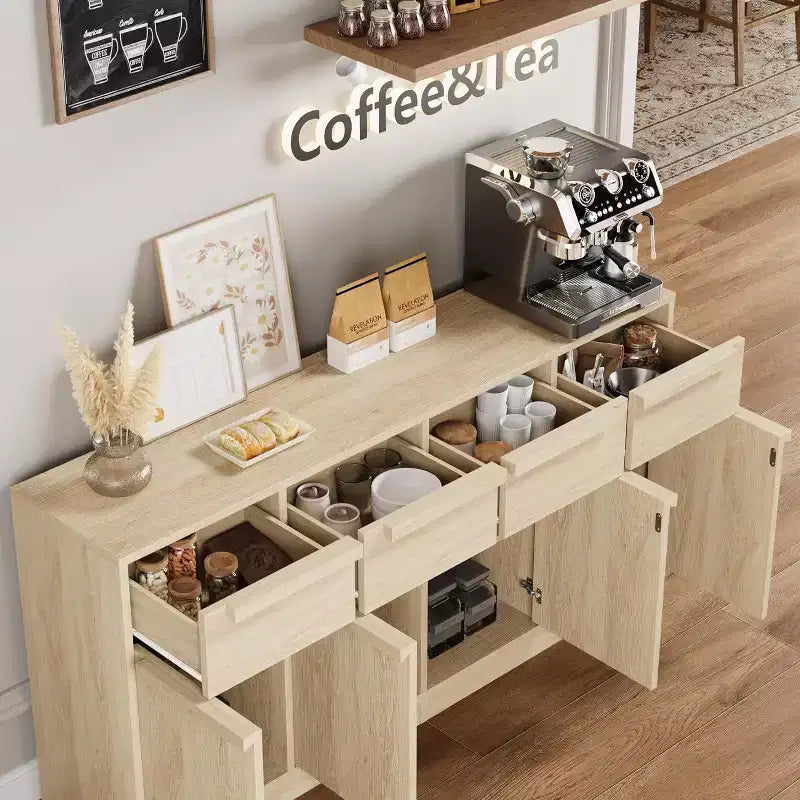 Buffet enfilade 62,4 po, grand meuble de rangement avec 4 portes et 4 tiroirs, meuble de rangement moderne à étagères réglables, bar à café en bois