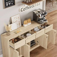 Buffet enfilade 62,4 po, grand meuble de rangement avec 4 portes et 4 tiroirs, meuble de rangement moderne à étagères réglables, bar à café en bois