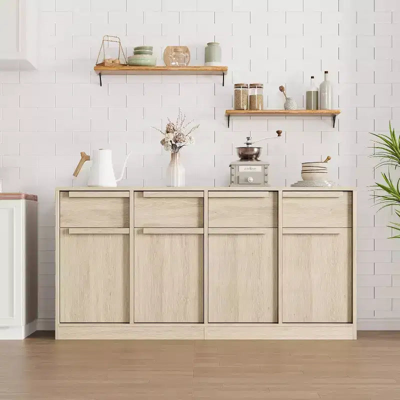 Buffet enfilade 62,4 po, grand meuble de rangement avec 4 portes et 4 tiroirs, meuble de rangement moderne à étagères réglables, bar à café en bois