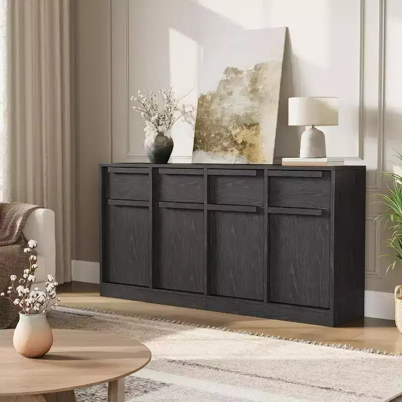 Buffet enfilade 62,4 po, grand meuble de rangement avec 4 portes et 4 tiroirs, meuble de rangement moderne à étagères réglables, bar à café en bois