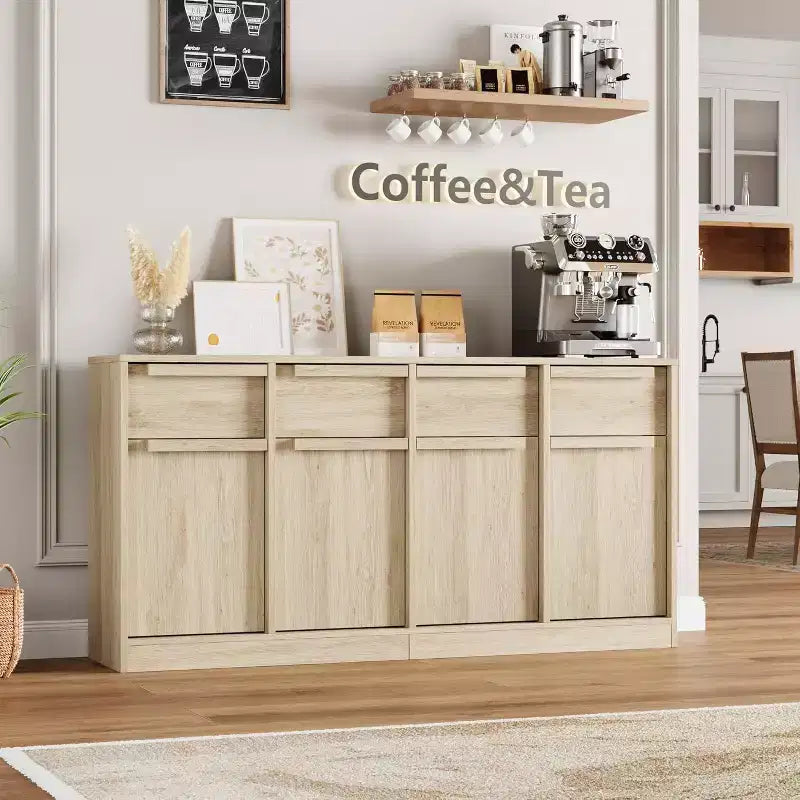Buffet enfilade 62,4 po, grand meuble de rangement avec 4 portes et 4 tiroirs, meuble de rangement moderne à étagères réglables, bar à café en bois