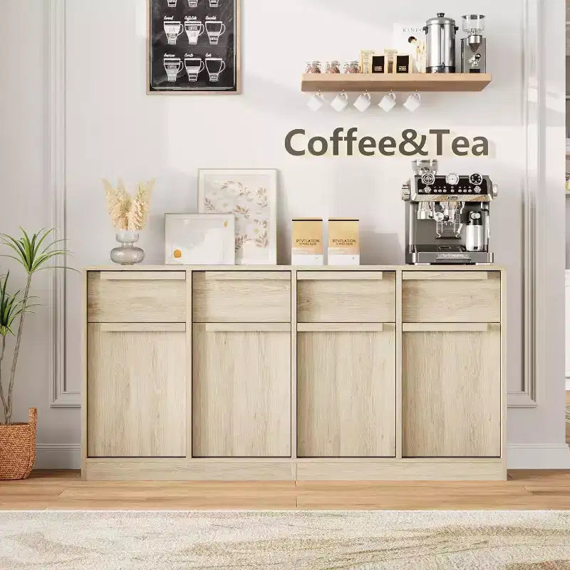 Buffet enfilade 62,4 po, grand meuble de rangement avec 4 portes et 4 tiroirs, meuble de rangement moderne à étagères réglables, bar à café en bois