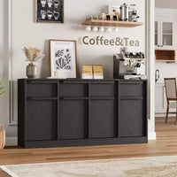 Buffet enfilade 62,4 po, grand meuble de rangement avec 4 portes et 4 tiroirs, meuble de rangement moderne à étagères réglables, bar à café en bois