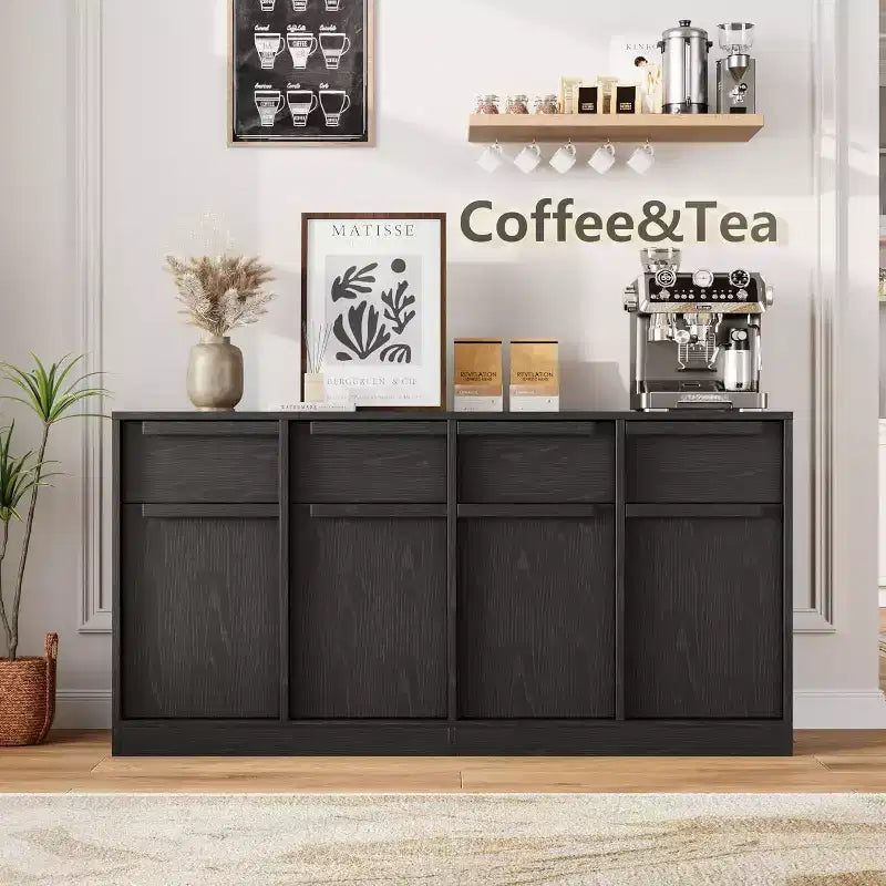 Buffet enfilade 62,4 po, grand meuble de rangement avec 4 portes et 4 tiroirs, meuble de rangement moderne à étagères réglables, bar à café en bois
