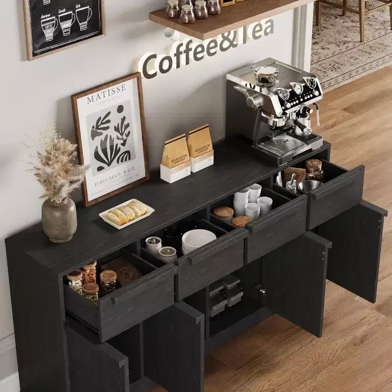 Buffet enfilade 62,4 po, grand meuble de rangement avec 4 portes et 4 tiroirs, meuble de rangement moderne à étagères réglables, bar à café en bois