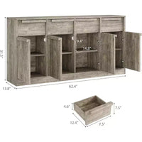 Buffet enfilade 62,4 po, grand meuble de rangement avec 4 portes et 4 tiroirs, meuble de rangement moderne à étagères réglables, bar à café en bois