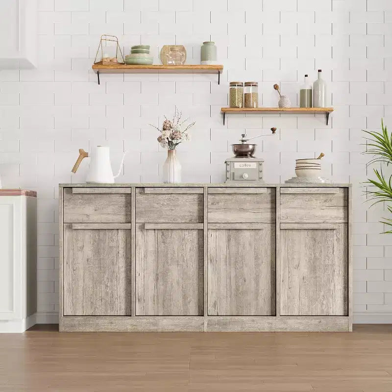 Buffet enfilade 62,4 po, grand meuble de rangement avec 4 portes et 4 tiroirs, meuble de rangement moderne à étagères réglables, bar à café en bois