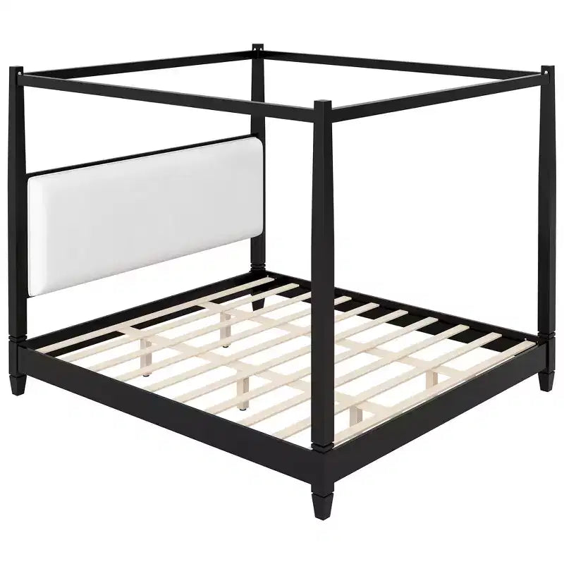 GDFStudio Reyes - Lit plateforme à baldaquin avec tête de lit tapissée et pieds à support à lattes en bois
