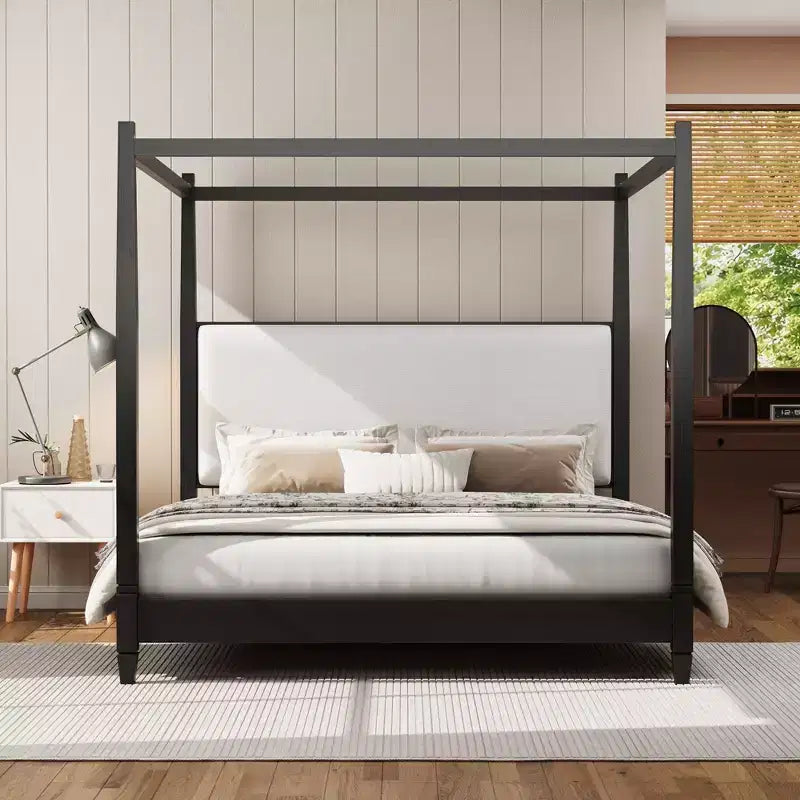 GDFStudio Reyes - Lit plateforme à baldaquin avec tête de lit tapissée et pieds à support à lattes en bois