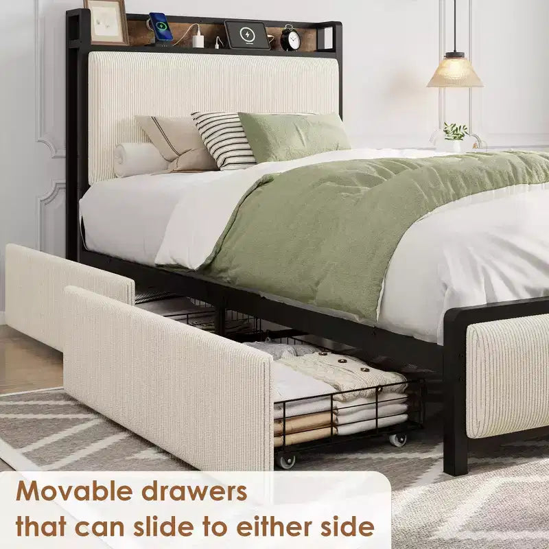 Cadre de lit taille Twin XL avec tête de lit de rangement, tapissé en velours côtelé, 2 tiroirs de rangement et station de recharge, sans sommier requis, sans bruit