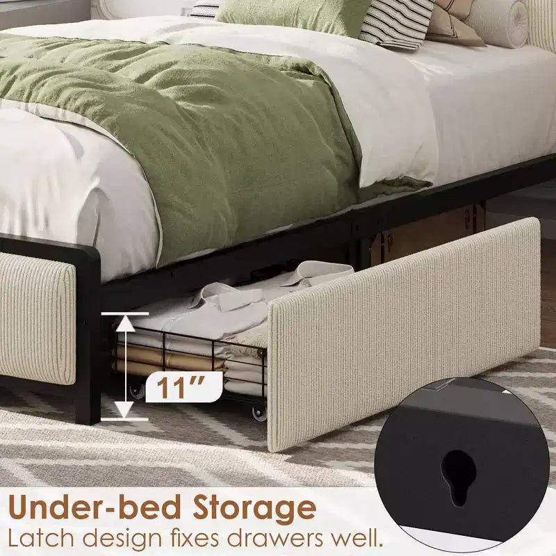 Cadre de lit taille Twin XL avec tête de lit de rangement, tapissé en velours côtelé, 2 tiroirs de rangement et station de recharge, sans sommier requis, sans bruit