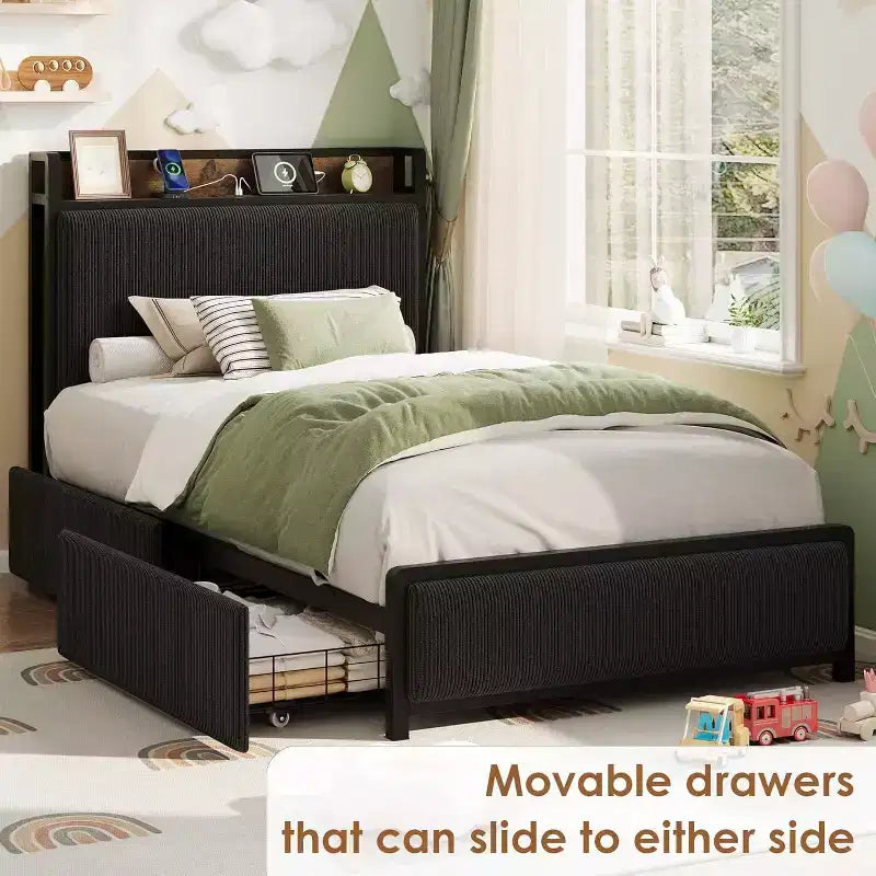 Cadre de lit taille Twin XL avec tête de lit de rangement, tapissé en velours côtelé, 2 tiroirs de rangement et station de recharge, sans sommier requis, sans bruit