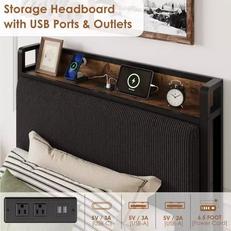 Cadre de lit taille Twin XL avec tête de lit de rangement, tapissé en velours côtelé, 2 tiroirs de rangement et station de recharge, sans sommier requis, sans bruit