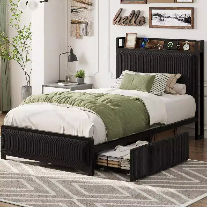 Cadre de lit taille Twin XL avec tête de lit de rangement, tapissé en velours côtelé, 2 tiroirs de rangement et station de recharge, sans sommier requis, sans bruit