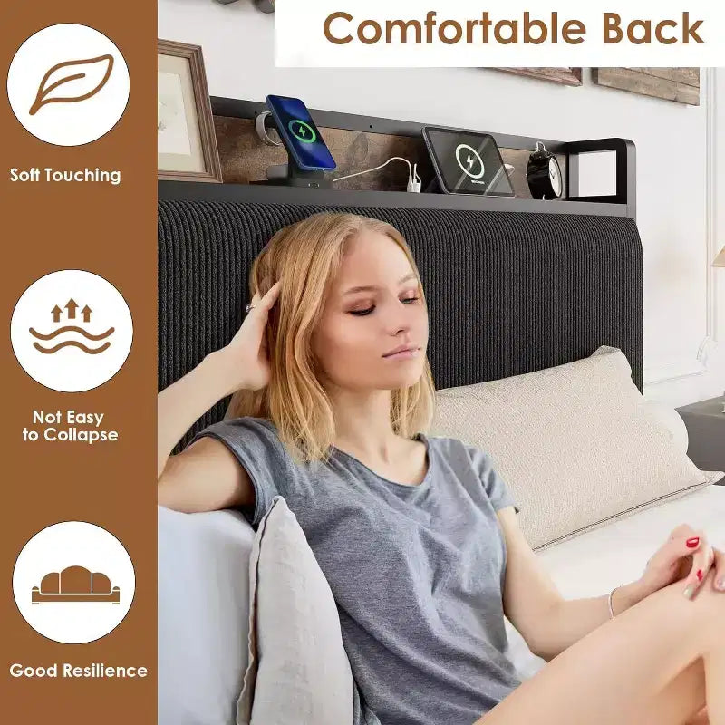 Cadre de lit taille Twin XL avec tête de lit de rangement, tapissé en velours côtelé, 2 tiroirs de rangement et station de recharge, sans sommier requis, sans bruit