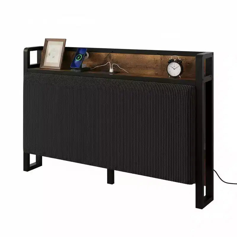 Cadre de lit taille Twin XL avec tête de lit de rangement, tapissé en velours côtelé, 2 tiroirs de rangement et station de recharge, sans sommier requis, sans bruit