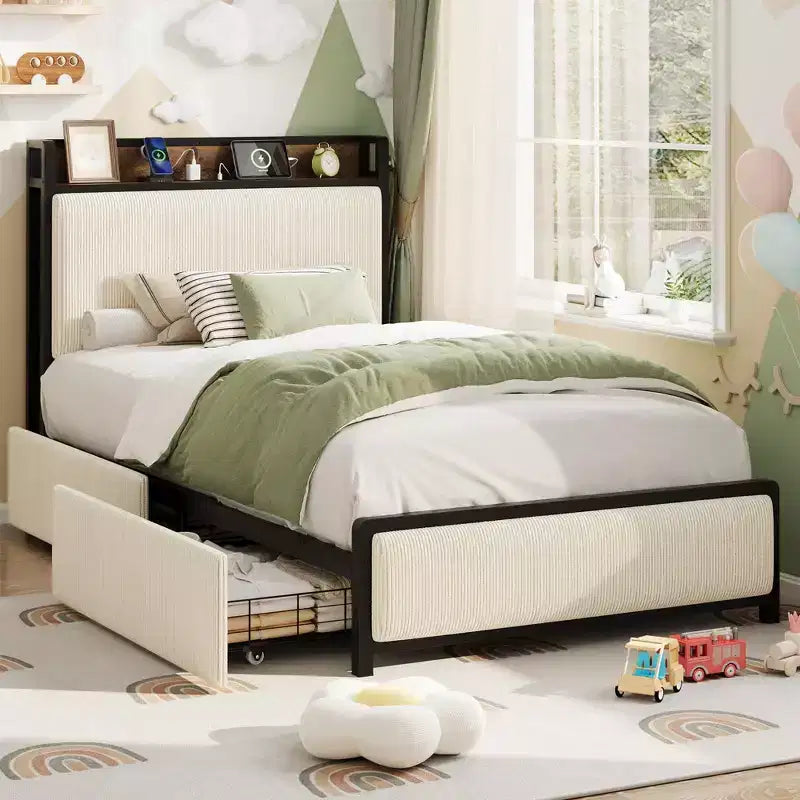 Cadre de lit taille Twin XL avec tête de lit de rangement, tapissé en velours côtelé, 2 tiroirs de rangement et station de recharge, sans sommier requis, sans bruit