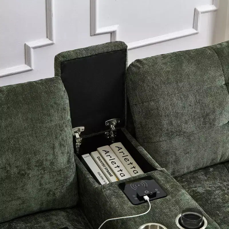 Canapé sectionnel Whisen 126 avec console centrale, porte-gobelets, sectionnel en U, haut-parleurs Bluetooth intégrés et 2 poufs de rangement pour salon