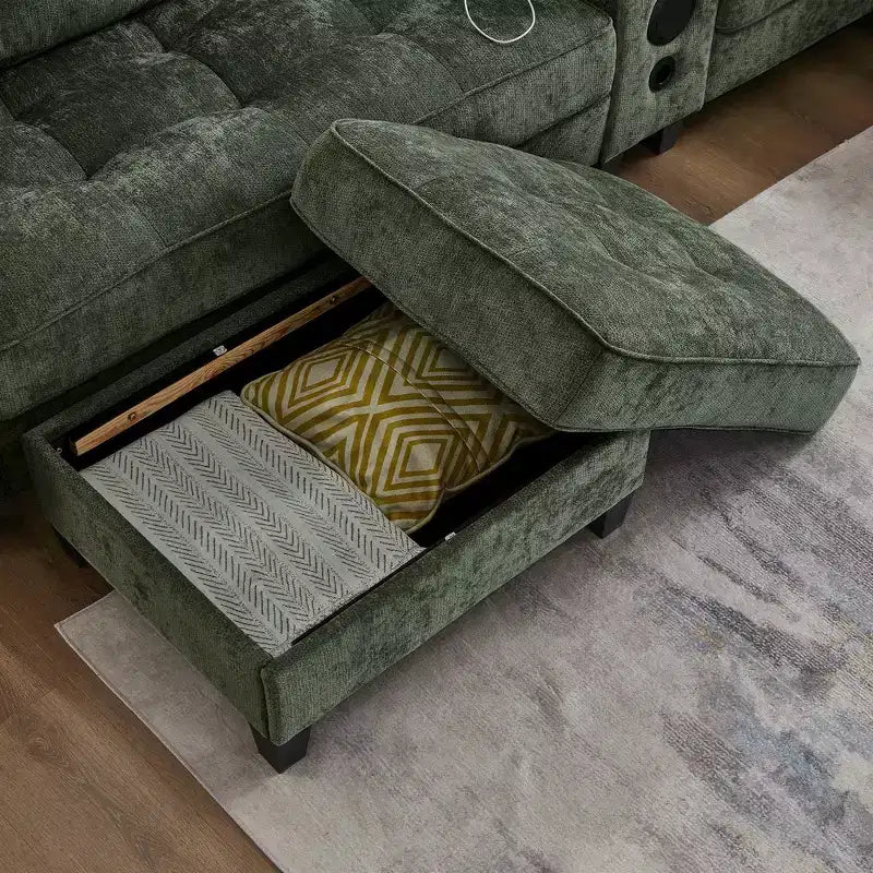 Canapé sectionnel Whisen 126 avec console centrale, porte-gobelets, sectionnel en U, haut-parleurs Bluetooth intégrés et 2 poufs de rangement pour salon