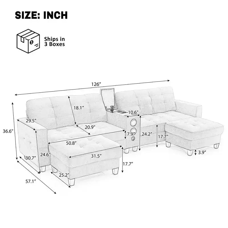 Canapé sectionnel Whisen 126 avec console centrale, porte-gobelets, sectionnel en U, haut-parleurs Bluetooth intégrés et 2 poufs de rangement pour salon