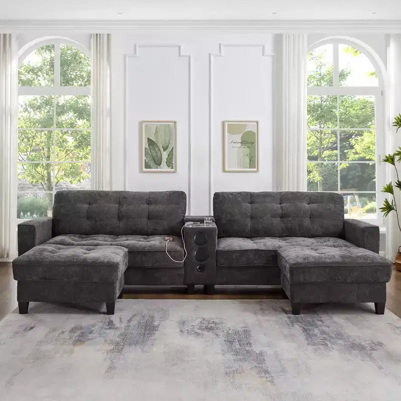 Canapé sectionnel Whisen 126 avec console centrale, porte-gobelets, sectionnel en U, haut-parleurs Bluetooth intégrés et 2 poufs de rangement pour salon