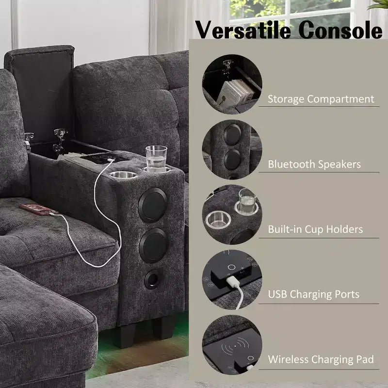 Canapé sectionnel Whisen 126 avec console centrale, porte-gobelets, sectionnel en U, haut-parleurs Bluetooth intégrés et 2 poufs de rangement pour salon