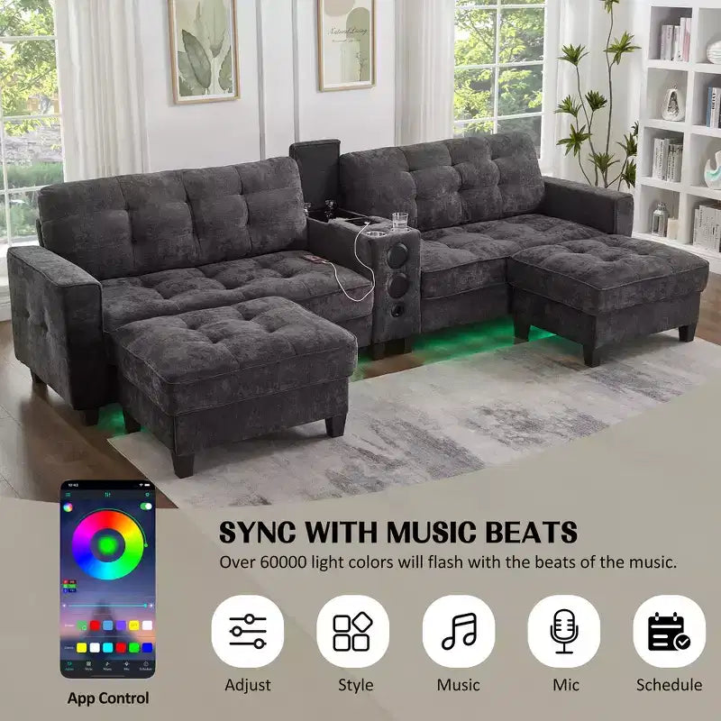 Canapé sectionnel Whisen 126 avec console centrale, porte-gobelets, sectionnel en U, haut-parleurs Bluetooth intégrés et 2 poufs de rangement pour salon