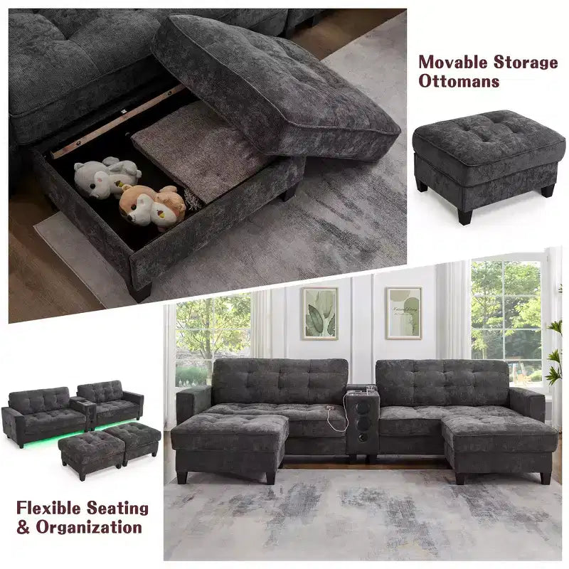 Canapé sectionnel Whisen 126 avec console centrale, porte-gobelets, sectionnel en U, haut-parleurs Bluetooth intégrés et 2 poufs de rangement pour salon