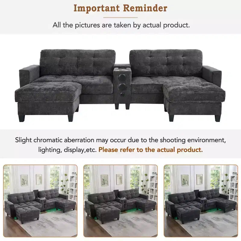 Canapé sectionnel Whisen 126 avec console centrale, porte-gobelets, sectionnel en U, haut-parleurs Bluetooth intégrés et 2 poufs de rangement pour salon