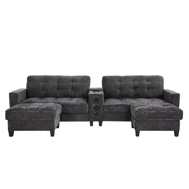 Canapé sectionnel Whisen 126 avec console centrale, porte-gobelets, sectionnel en U, haut-parleurs Bluetooth intégrés et 2 poufs de rangement pour salon