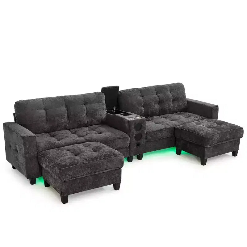 Canapé sectionnel Whisen 126 avec console centrale, porte-gobelets, sectionnel en U, haut-parleurs Bluetooth intégrés et 2 poufs de rangement pour salon