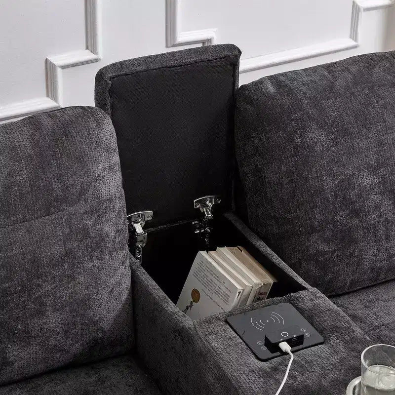 Canapé sectionnel Whisen 126 avec console centrale, porte-gobelets, sectionnel en U, haut-parleurs Bluetooth intégrés et 2 poufs de rangement pour salon
