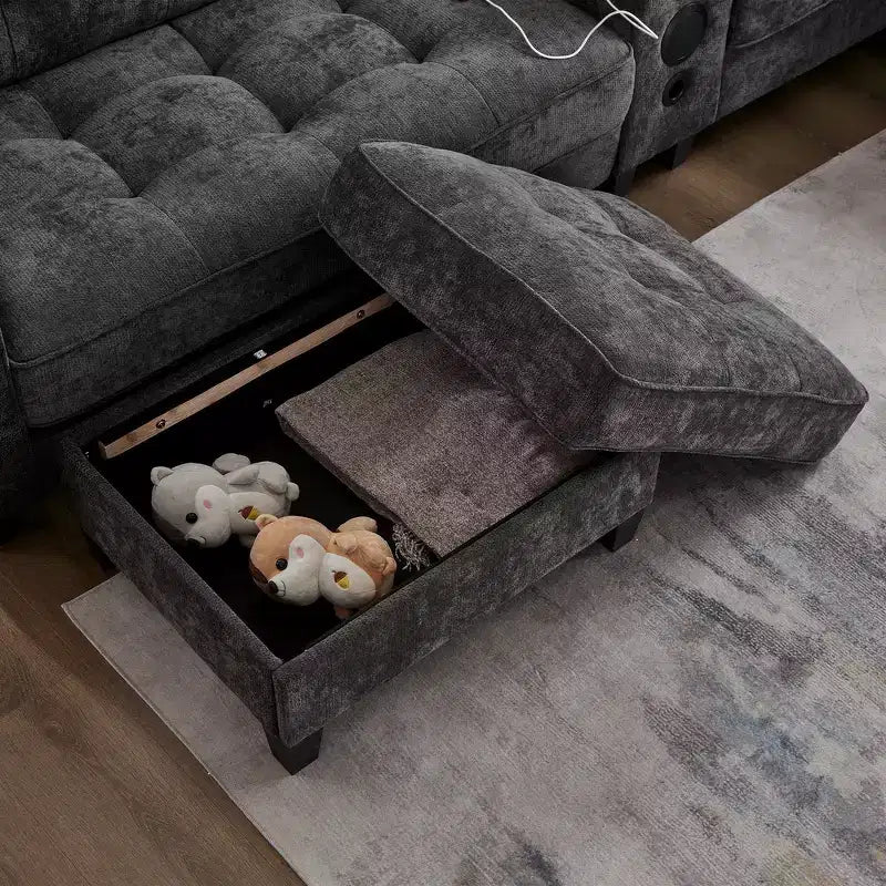 Canapé sectionnel Whisen 126 avec console centrale, porte-gobelets, sectionnel en U, haut-parleurs Bluetooth intégrés et 2 poufs de rangement pour salon