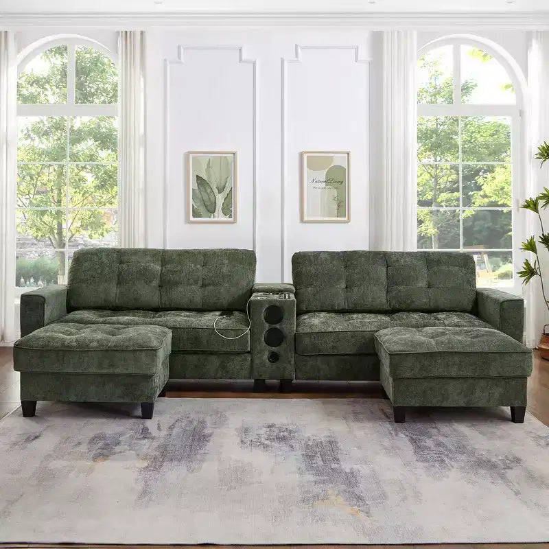 Canapé sectionnel Whisen 126 avec console centrale, porte-gobelets, sectionnel en U, haut-parleurs Bluetooth intégrés et 2 poufs de rangement pour salon