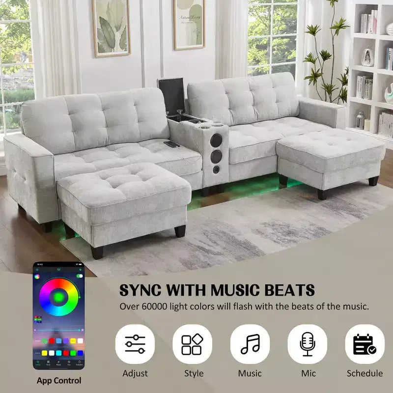 Canapé sectionnel Whisen 126 avec console centrale, porte-gobelets, sectionnel en U, haut-parleurs Bluetooth intégrés et 2 poufs de rangement pour salon