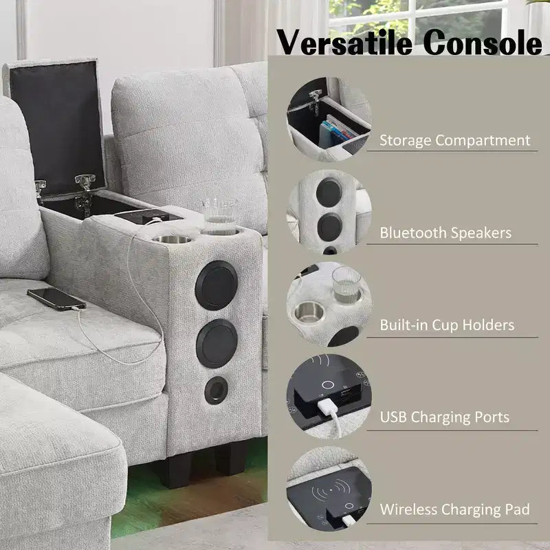 Canapé sectionnel Whisen 126 avec console centrale, porte-gobelets, sectionnel en U, haut-parleurs Bluetooth intégrés et 2 poufs de rangement pour salon