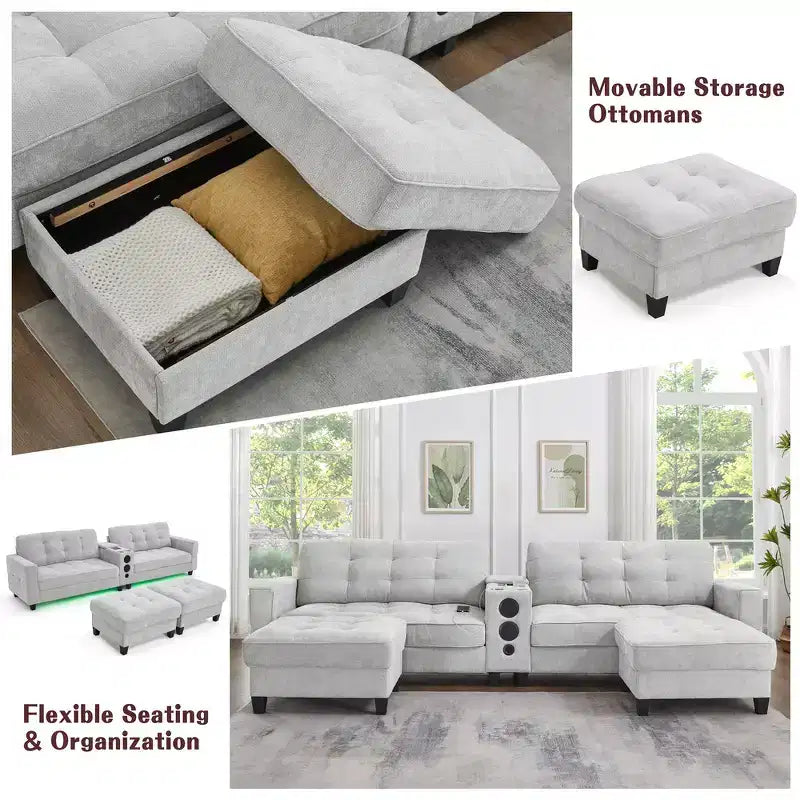 Canapé sectionnel Whisen 126 avec console centrale, porte-gobelets, sectionnel en U, haut-parleurs Bluetooth intégrés et 2 poufs de rangement pour salon