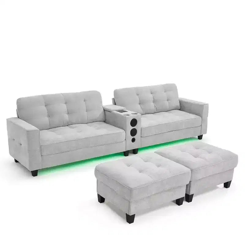 Canapé sectionnel Whisen 126 avec console centrale, porte-gobelets, sectionnel en U, haut-parleurs Bluetooth intégrés et 2 poufs de rangement pour salon
