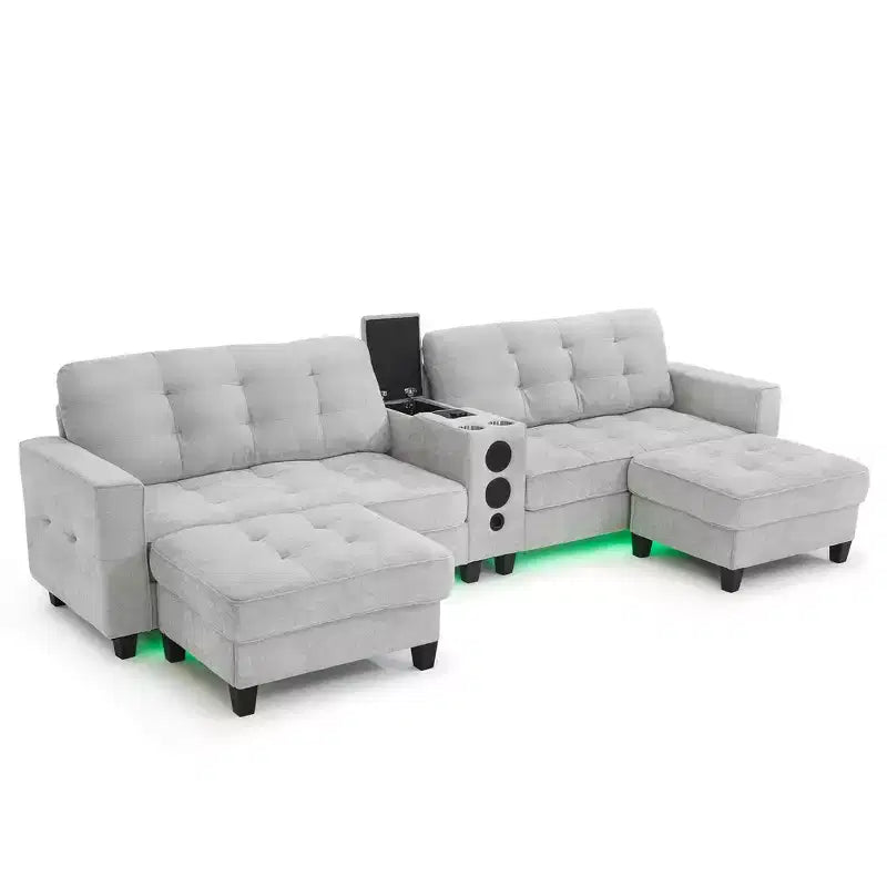 Canapé sectionnel Whisen 126 avec console centrale, porte-gobelets, sectionnel en U, haut-parleurs Bluetooth intégrés et 2 poufs de rangement pour salon