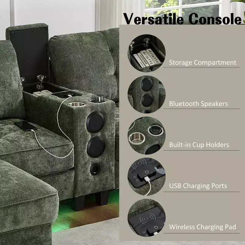 Canapé sectionnel Whisen 126 avec console centrale, porte-gobelets, sectionnel en U, haut-parleurs Bluetooth intégrés et 2 poufs de rangement pour salon
