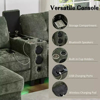 Canapé d'angle Whisen 126 avec console centrale, porte-gobelets, forme en U, haut-parleurs Bluetooth intégrés et 2 poufs de rangement pour le salon