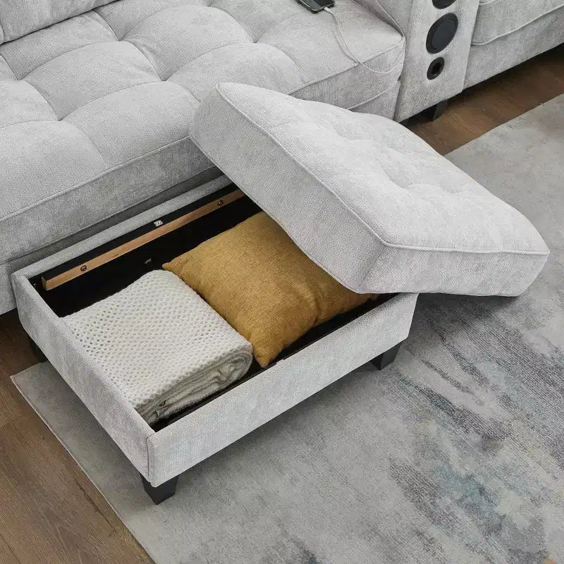 Canapé sectionnel Whisen 126 avec console centrale, porte-gobelets, sectionnel en U, haut-parleurs Bluetooth intégrés et 2 poufs de rangement pour salon