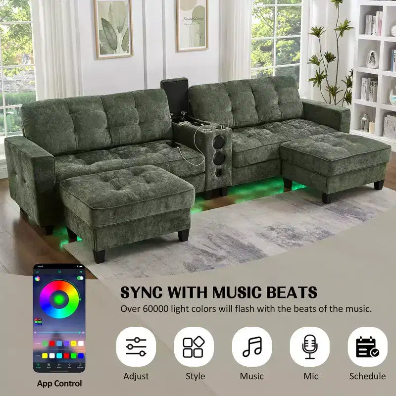 Canapé sectionnel Whisen 126 avec console centrale, porte-gobelets, sectionnel en U, haut-parleurs Bluetooth intégrés et 2 poufs de rangement pour salon