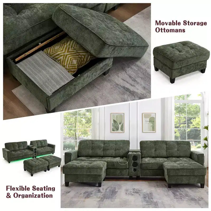 Canapé sectionnel Whisen 126 avec console centrale, porte-gobelets, sectionnel en U, haut-parleurs Bluetooth intégrés et 2 poufs de rangement pour salon